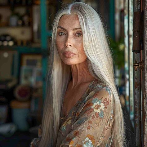 19 Trendy & Easy Long Hairstyles for Women Over 50 Long Grey Hairstyles For Women Over 50, Long Grey Hairstyles, White Hair Older Women, Long Silver Hair Older Women, Long Hair Older Women Over 50 Style, Older Women Long Hair, Long Grey Hair Over 50, Long Hair For Women Over 50, Long Grey Hair Styles