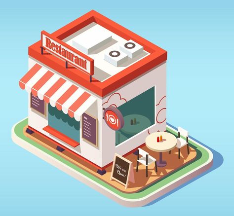 Isometric small cafe or restaurant with outside tables Cafe Isometric, Isometric Cafe, Isometric Restaurant, Outside Tables, Isometric Building, Modern Kitchen Room, Stylized Environment, Pho Restaurant, Isometric Room