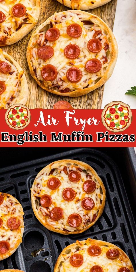 Air Fry English Muffin Pizza, Air Fryer English Muffin Pizza, Air Fryer English Muffin, Pizza Air Fryer, Cheesy Dishes, Pizza In Air Fryer, Low Carb English Muffin, Convection Oven Recipes, English Muffin Pizza