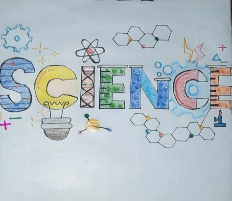 Ideas about writing science on your project file Science In Different Fonts, Coverpage Ideas Science, Cover Page For Science Notebook, Project Cover Page Science, Science Drawing Ideas Easy, Science Title Ideas, Science Project File Ideas, How To Write Science In Design, Project File Cover Ideas For Science