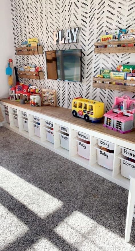 Small Playroom Layout Ideas, Toddler Basement Playroom, Barbie Area Playroom, Garage Play Area For Kids, Bedroom Turned Playroom, Small Room Playroom Ideas, Doll Area In Playroom, Playroom Makeover On A Budget, Toy Room Decorating Ideas