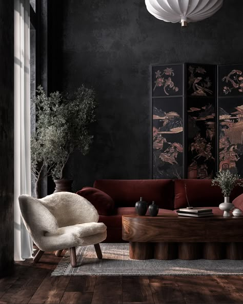 Julia Artukh on Behance Plaster Walls Living Room, Plaster Living Room, Modern Goth Home, Chinoiserie Living Room, Goth Interior, Colonial Chic, Dark And Moody Interiors, 80s Art Deco, Plaster Finish