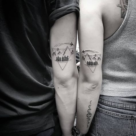 Travel Couple Tattoo Ideas, Couple Outdoor Tattoos, Beach And Mountain Couple Tattoo, Couples Tattoos Big, Matching Landscape Tattoo, Couples Tattoos Back Of Arm, Camping Couple Tattoos, Couple Tattoos Triangle, Couples Adventure Tattoos