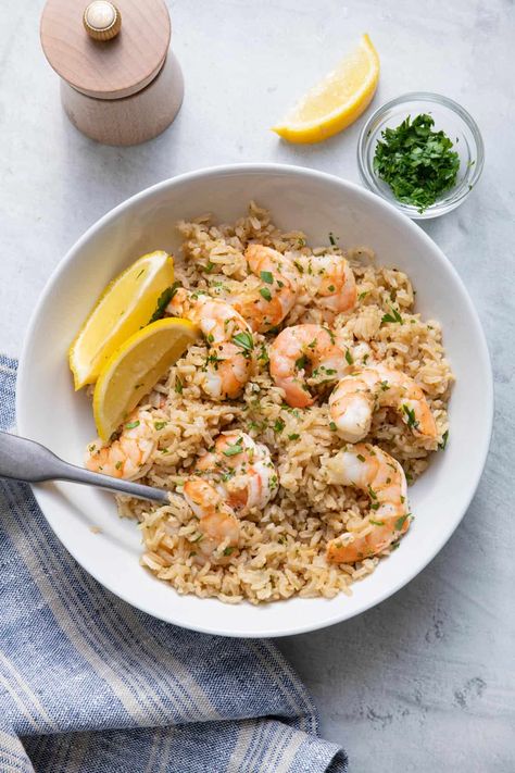 Lemon Herb Shrimp and Rice Bowl {One Pan Meal} - FeelGoodFoodie Shrimp Bowl Healthy, Rice Bowl Aesthetic, Shrimp And Rice Bowl, Brown Rice Bowl Recipe, Shrimp Rice Bowl, Stir Fry Shrimp Recipes, Shrimp And Rice Recipes, Seafood Meals, One Pan Meal