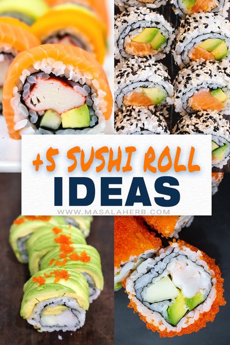 5 Inside out Sushi Roll Ideas (Uramaki Sushi) - Get inspired and learn to make your own inside out sushi rolls at home. They are also called uramaki sushi, and they taste and loo great! www.MasalaHerb.com Rainbow Roll Sushi, Sushi Dinner Party, Inside Out Sushi, Spicy Salmon Sushi, Salmon Sushi Rolls, California Roll Sushi, Sushi Ideas, Sushi Menu, Roll Sushi