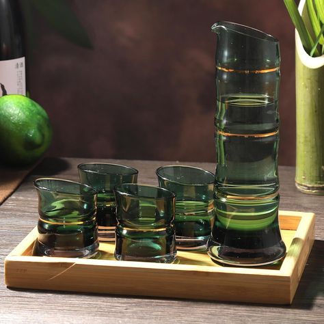 Amazon.com: DUJUST Japanese Sake Set for 4, Bamboo Design in Golden Trim, 1 Sake Bottle, 1 Wooden Sake Tray, and 4 Sake Cups, Cold/Warm/Hot Sake Carafe, Special Japanese Gifts Set - 6 pcs (Gradient Green) : Home & Kitchen Sake Cups, Sake Bottle, Japanese Bamboo, Sake Set, Japanese Gifts, Japanese Sake, Gifts Set, Bamboo Design, Sake