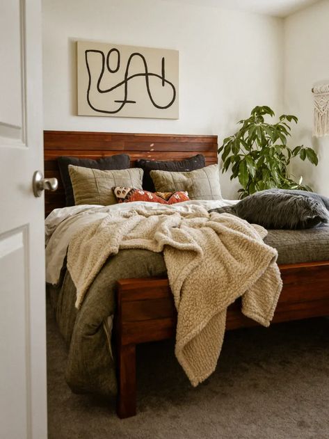 Brown Bed Frame Ideas, Comforter For Dark Wood Bed, Brown Bed Frame Room Ideas, Green And Dark Wood Bedroom, Dark Comforter Bedroom, Brown Bed Frame Bedroom Ideas, Dark Brown Bed Frame, Dark Wood Bed Frame Room Ideas, Green Bedding Ideas