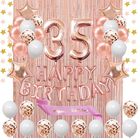 Amazon.com: Fancypartyshop 35th Birthday Decorations - Rose Gold Happy Birthday Banner and Sash with Number 35 Balloons Latex Confetti balloons Ideal for Girl and Women 35 Years Old Birthday Rose Gold : Home & Kitchen 35 Balloons, 35 Birthday Decorations, Gold Happy Birthday Banner, Happy 35th Birthday, Birthday Rose Gold, Gold Happy Birthday, 35 Years Old, Birthday Roses, 35th Birthday