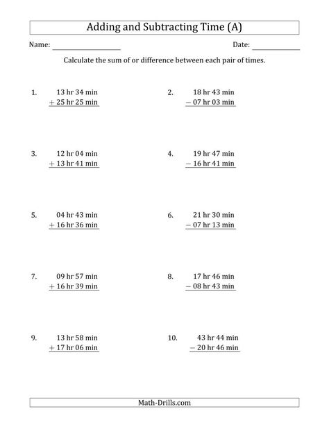 The Adding and Subtracting Hours and Minutes (Long Format) (A) Math Worksheet from the Time Worksheets Page at Math-Drills.com. Math Worksheets Grade 3, Math Subtraction Worksheets, Math Minutes, Integers Worksheet, Math Drills, Math Subtraction, Math Charts, Addition And Subtraction Worksheets, Time Worksheets