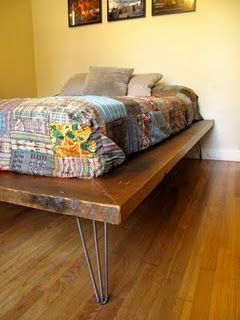 "DIY platform bed with hair pin legs. Repurpose drawers from Habitat for Humanity add piano hinge closure and a clasp for locking to give it a vintage look." Diy Platform Bed Frame, Murphy Bed Ikea, Diy Platform Bed, Murphy Bed Plans, Bed Platform, Diy Bed Frame, Wood Bed Frame, Reclaimed Wood Furniture, Murphy Bed