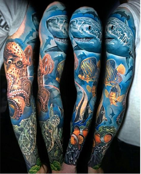 Sea Tattoo Sleeve, Natur Tattoo Arm, Voll Arm-tattoos, Ocean Sleeve Tattoos, Underwater Tattoo, Colorful Sleeve Tattoos, Stammestattoo Designs, Nautical Tattoo Sleeve, Ocean Sleeve