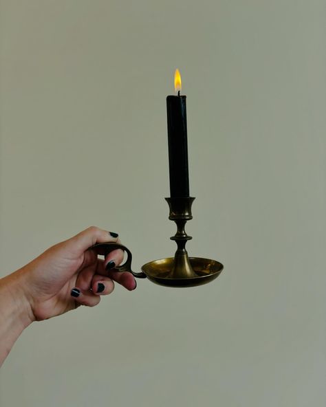 🕯️🍂Vintage Brass Candlestick Collection, Set of Five, Halloween Candleholders and Brass Candle Snuffer🍂🕯️$80//AVAILABLE *Black Candles are not included with the candle holders. The largest finger looped candle holder fits various sizes of candles so that’s a bonus! Also the bell shaped candle holder is infact a functional bell! Candleholders will be shipped/sold free of any wax build up but please note there are varying degrees of patina on all of them. Brass Candle Snuffer, Black Candle Aesthetic, Candle Holder Aesthetic, Victorian Candle Holders, Candlestick Collection, Shaped Candle, Vintage Brass Candlesticks, Vintage Candle, Brass Candlestick