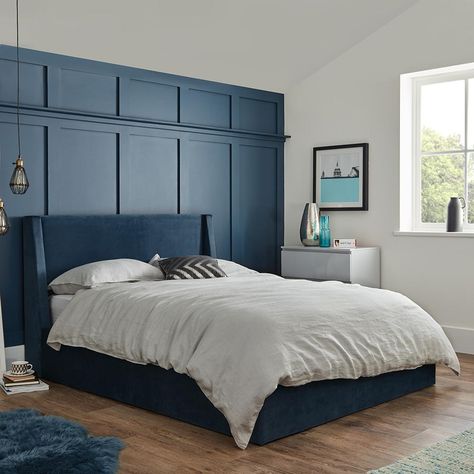 Blue velvet modern storage ottoman double bed frame - Laura James Blue Velvet Bedroom Ideas, Jewel Coloured Bedroom, Royal Blue Room, Blue Bed Frame Bedroom Ideas, Royal Blue Bedroom, Velvet Blue Bed, Blue Velvet Bed Frame, Blue Bed, Navy Bedroom