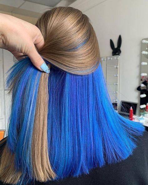 Light Blue Hair Dye, Blue And Blonde Hair, Blue Hair Underneath, Under Hair Dye, Underdye Hair, Chica Dark, Hidden Hair Color, V Shape Hair, Aaliyah Hair