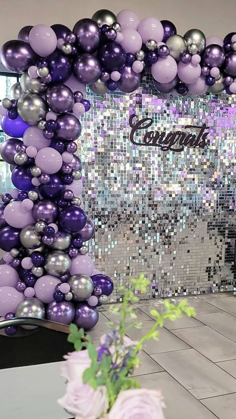 Black And Purple Candy Table, Purple Silver Party Decorations, Purple Decorations Party Birthday, Purple Decorations Party, Purple And Silver Birthday Party, Purple Grad Party, Purple Event Decor, Silver Party Ideas, Congratulations Decorations