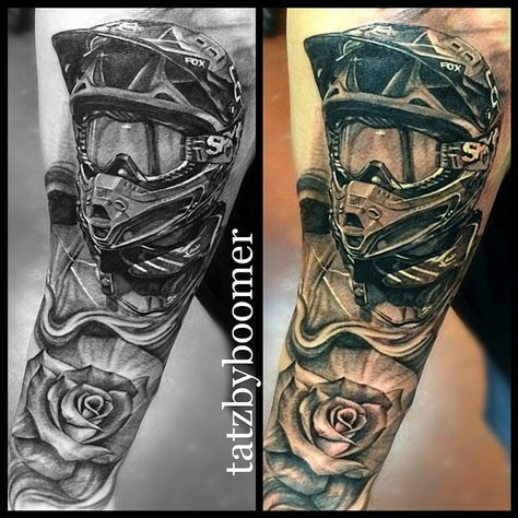 Fox Racing Tattoos, Motocross Tattoo, Dirt Bike Tattoo, Unique Half Sleeve Tattoos, Racing Tattoos, Half Sleeve Tattoos, Biker Tattoos, Bike Tattoos, Tattoo Trend