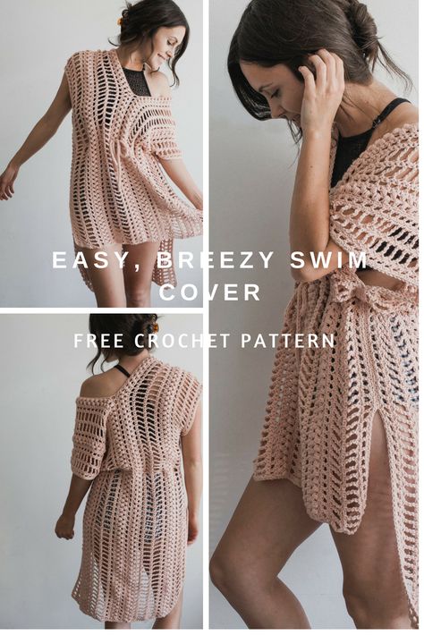 How To Make A Swimsuit Cover Up Dress From A Crochet Rectangle [Free Pattern] - Knit And Crochet Daily Crochet Dress Over Swimsuit, Crochet Beach Sweater Pattern, Easy Crochet Cover Up, Free Crochet Clothes Patterns For Women, Beach Crochet Cover Up, Beach Cover Crochet, Crochet Cover Up Pattern, Swimsuit Coverup Pattern, Beach Cover Up Crochet