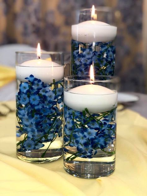 Centerpiece Ideas For Sweet 16, Black Blue Party Decorations, Floating Candle Centerpieces Blue, Blue Centerpieces Wedding, Blue And White Centerpieces, Blue And Black Wedding, Wedding Royal Blue, Blue Wedding Centerpieces, Blue Wedding Decorations