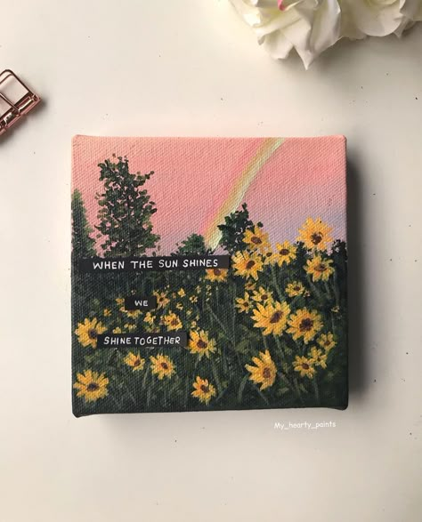 Acrylic Painted Sunflowers, Sunflower Scenery Painting, Sunflowers Canvas Painting, Sunflower Mini Painting, Canvas Painting Sunflower, Mini Sunflower Painting, Painted Mini Canvas, 4×4 Canvas Painting, Painting Ideas On Canvas Sunflower