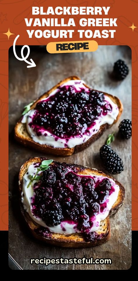 This Blackberry Vanilla Greek Yogurt Toast is a simple, quick, and healthy breakfast or snack that combines creamy vanilla Greek yogurt with fresh blackberries for a light and delicious treat. The combination of crunchy toast and tangy yogurt, topped with sweet blackberries, is perfect for a nutritious start to your day or a mid-afternoon pick-me-up. Add a drizzle of honey or a sprinkle of granola for extra flavor and crunch! #HealthyToast #GreekYogurtToast #BlackberryToast Greek Yogurt Toast, Eggs Avocado Toast, Yogurt Toast, Berry Toast, Ray Peat, Healthy Toast, Quick And Healthy Breakfast, Eggs Avocado, Blackberry Recipes