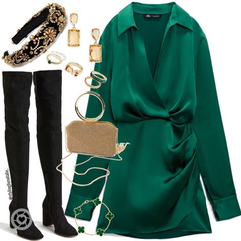 Green Dress Black Boots, Green Dress With Gold Accessories, Emerald Green Dress Accessories, Emerald Green Dress Outfit, Dark Green Satin Dress, Short Dress With Boots, Emerald Silk Dress, Emerald Green Outfit, Satin Dress Outfit