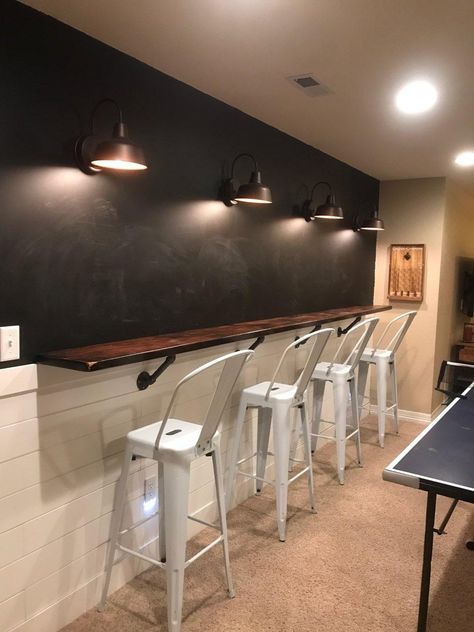 Shiplap Wall Bar Area, Bar Attached To Wall, Shiplap Bar Island, Shiplap Bar Wall, Shiplap Basement Walls, Pool Table Basement, Shiplap Bar, Kids Hangout Room, Farmhouse Basement