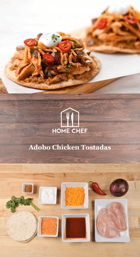 Adobe chicken tostada Home Chef Recipes, Homechef Recipes, Huli Huli Chicken, Chicken Tostadas, Chicken Flatbread, Hello Fresh Recipes, Chicken Nachos, Adobo Chicken, Cajun Chicken