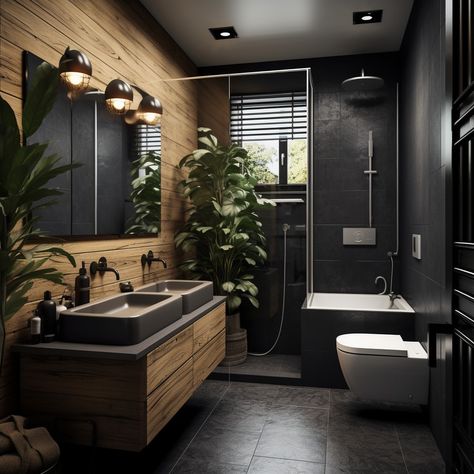 This bathroom is the perfect blend of modern simplicity and natural warmth. The sleek black fixtures, wooden textures, and lush plants create a serene space that feels both contemporary and cozy. 🌿🖤 Would this design inspire your next bathroom makeover? Let me know in the comments! #BathroomInspo #ModernBathroom #BlackAndWood #InteriorDesignGoals #MinimalistBathroom #NaturalElements #HomeDecorInspo #BathroomDesign #CozyVibes #GreeneryInBathrooms #ElegantSpaces #DesignInspiration #LuxuryLivin... Black Bathroom With Greenery, Moody Masculine Bathroom, Black And Bamboo Bathroom, Black And Brown Bathroom, Modern Bathroom Dark, Black And Wood Bathroom, Bathroom Moody, Bathroom Shelving Ideas, Zen Bathrooms