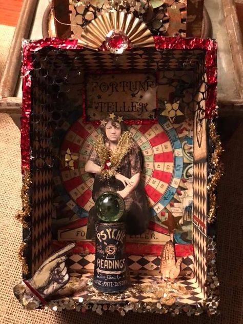 Fortune Teller Doll, Found Object Assemblage, Found Object Collage, Fortune Teller Art, Box Collage, Vintage Fortune Teller, Shadowbox Ideas, Hay Bale Art, Assemblage Art Collage