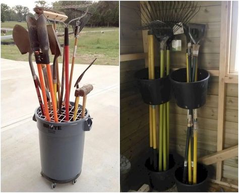 Organizing Garden Tools in Garage - 14 DIY Storage Ideas Garden Tool Storage Diy Wood Pallets, Diy Shovel And Rake Storage, Shovel And Rake Storage Ideas, Shovel Organization, Diy Yard Tool Storage, Diy Garden Storage, Organizing Garden Tools, Tools In Garage, Garden Tool Storage Ideas