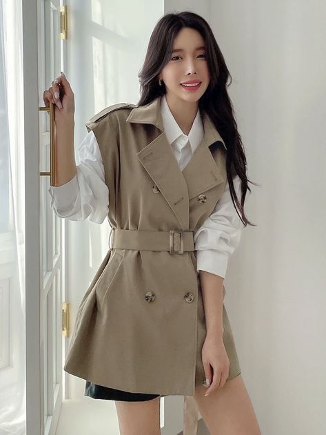 DAZY Double Breasted Belted Vest Trench Coat | SHEIN USA Dazy Shein Outfit, Dazy Shein, Khaki Style, Trench Coat Outfit, Sleeveless Coat, Shein Outfits, Khaki Fashion, Shein Dress, Coat Outfits