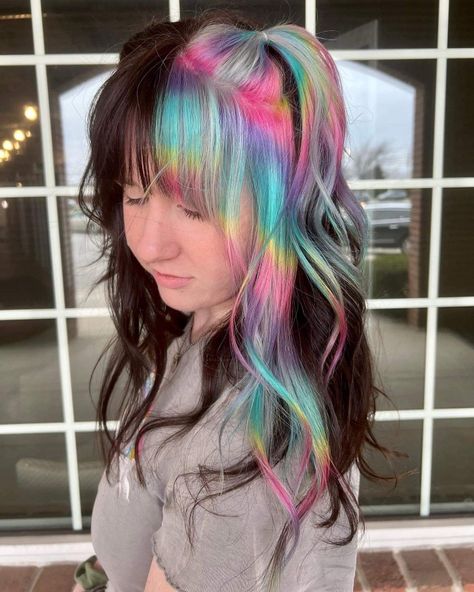 Prism Color Hair, Split Rainbow Hair, Rainbow Hair Streaks, Rainbow Roots Hair, Rainbow Money Piece Hair, Blonde And Rainbow Hair, Rainbow Split Dye, Oil Spill Hair, Prism Hair