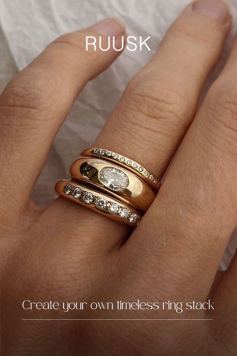 a trio of RUUSK's gold rings Ring Band Thickness Chart, Diamond Embedded Ring, Flush Setting Engagement Ring, Signet Diamond Ring, Wide Band Engagement Ring Gold, Bezzle Set Engagement Ring, Thick Band Wedding Rings, Chunky Gold Engagement Ring, Colourful Rings