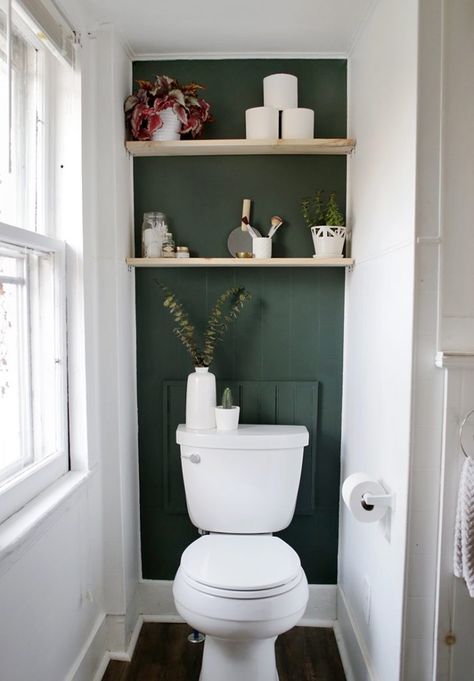 Give your bathroom a mini makeover with an accent wall and some easy diy shelves! #smallbathroom #accentwall #diyshelves Diy Shelves Design, Diy Shelves Ideas, Mini Bathroom, Casa Hobbit, Toilet Room Decor, Small Toilet Room, Downstairs Toilet, Bad Inspiration, Toilet Room