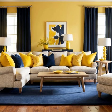 Yellow Living Room Ideas: Brighten Up Your Space with These 15 Stunning Designs - Style Zuri Yellow Grey Living Room, Yellow Living Room Ideas, Navy Living Room, Navy Living, Navy Living Rooms, Grey Living Room, Pop Of Yellow, Yellow Sofa, Yellow Living Room