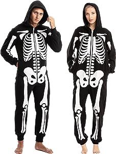 Spooktacular Creations Unisex Skeleton jumpsuit Pajama Plush Skeleton Jumpsuit Zippered Halloween Hoody Pajama for Adult Sleepwear Costume(Small) Black Skeleton Pajamas, Pyjamas Onesie, Hoodie Halloween Costumes, Cartoon Skeleton, Hoodie Jumpsuit, Animal Halloween Costumes, Pajama Costume, Skeleton Hoodie, One Piece Cosplay