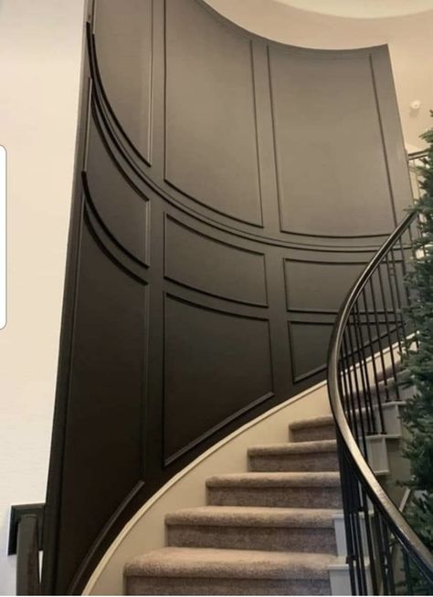 Curved Accent Wall Ideas, Molding Staircase Wall, Wall Panel Staircase, Curved Staircase Wall Decor Ideas, Curved Wall Staircase, Staircase Wainscoting Ideas, Curved Staircase Wall Decor, Curved Wall Decor Ideas, Feature Wall Staircase