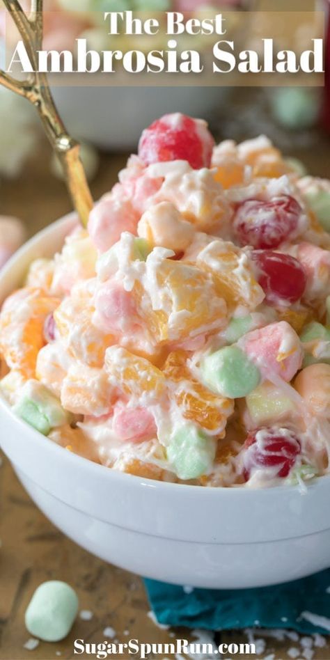 This Ambrosia Salad Recipe is a classic favorite dessert salad! This is my favorite version and is made with NO Cool Whip! #ambrosiasalad #holidayrecipe #sugarspunrun Best Ambrosia Salad, Ambrosia Recipe, Sugar Spun Run, Ambrosia Fruit Salad, Hot Milk Cake, Flavored Marshmallows, Ambrosia Salad, Sheet Cake Recipes, Easy Summer Desserts