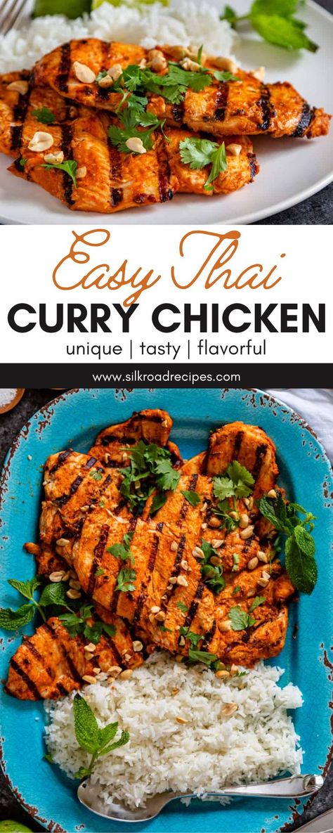 This Easy Thai Curry Chicken is a delicious recipe made with tender grilled chicken breast, creamy coconut milk, and red curry paste then served over rice. I love to add some fresh mint, cilantro leaves, chopped peanuts and some lime wedges to the dish for a beautifully plated dinner. Enjoy. Thai Red Curry Paste Recipe, Easy Thai Curry, Chicken Thighs Slow Cooker Recipes, Thai Curry Chicken, Chicken Breast Curry, Thai Curry Sauce, Plated Dinner, Red Curry Chicken, Marinated Chicken Thighs