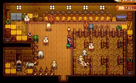 the decorated barn on my farm in Stardew Valley Stardew Farms, Barn Layout, Stardew Valley Layout, Stardew Valley Tips, Stardew Valley Farms, Star Valley, Stardew Valley Fanart, Farm Layout, Barn Interior