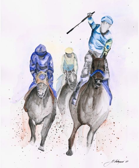 Horse And Jockey Drawing, Racing Tattoos, Equestrian Decor, Horse Race, Horse Drawing, Leg Tattoo, Horse Drawings, Watercolor On Paper, Watercolor Drawing