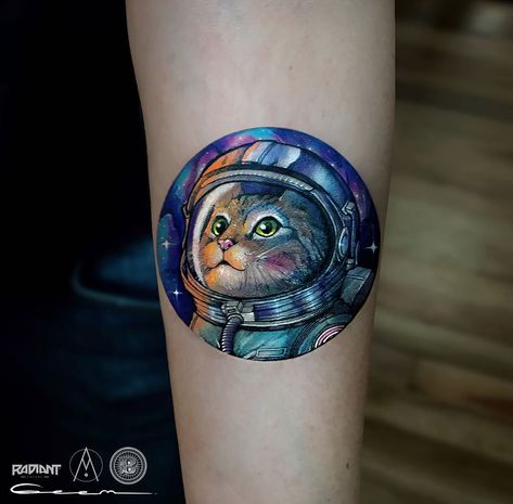 Doggo Tattoo, Cat Space Tattoo, Meteor Tattoo, Cat In Space Tattoo, Astronaut Space Tattoo, Astronaut Tattoo Colorful, Cat Astronaut Tattoo, Space Cat Tattoo, Space Kitty Tattoo