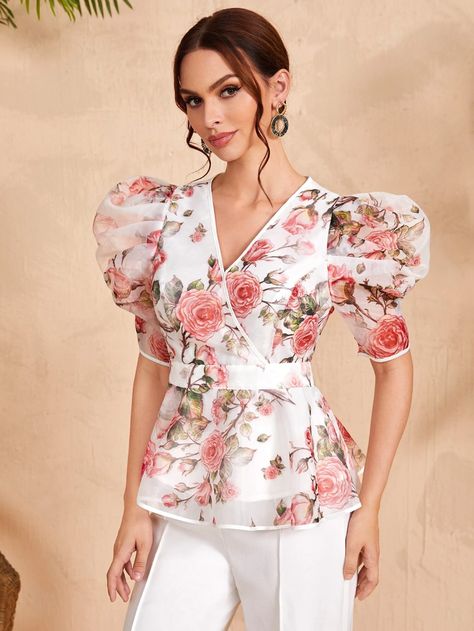 SHEIN Floral Print Puff Sleeve Peplum Organza Top | SHEIN USA Organza Top, Floral Peplum, Women Blouses, Women Tops, Amazing Products, Summer Women, Puff Sleeve, Floral Tops, Blouses For Women