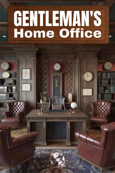 A classic gentleman’s office exudes a dark office design, blending rich wood with moody lighting. Small moody home offices can add a sense of mystery and refinement, perfect for the modern male office interior design. Black and cognac leather pair beautifully for an opulent feel. #gentlemansoffice #smallmoodyhomeoffice #darkofficedesign #masculinehomedesign #restorationhardwareofficeideas #blackandcognacoffice #lawofficedecor #homeofficedecor #traditionaloffice #menslibrarystudy Mens Study Room Ideas, Office Interior Design Black, Restoration Hardware Office Ideas, Dark Office Design, Male Home Office, Bohemian Home Office, Interior Design Black, Home Office Dark, Dark Office