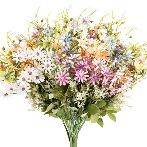 PRICES MAY VARY. Outdoor Artificial Flowers Bulk : Total in 6 assorted colors daisy artificial wildflower bouquets. 1 bundle each color, which have 6 floral stems and 18 flower heads. Size: each bunch is 15 inch in length, 1 package 6pcs are full in a small vase which 4" in diameter, 2 package 12 bunches are fitting nicely in a medium size pot which 8“ in diameter to made very big bouquet. UV Resistant Outdoor Silk Flowers: The muticolor daisy fake flowers with stems are made of silk, material e Faux Greenery Outdoor, Simple Home Decoration, Garden Vases, Silk Plants, Wildflower Bouquet, Fresh Flowers Arrangements, Outdoor Wedding Decorations, Silk Flower, Faux Plants