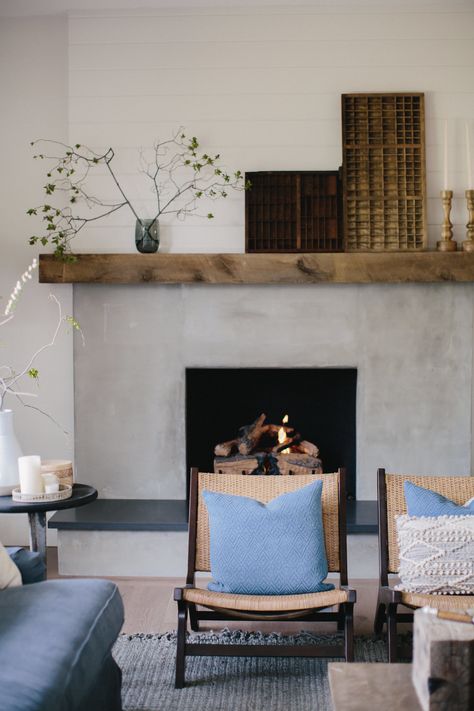 Brick Fireplace Makeover using Cement & Wood Mantle — Boxwood Avenue Design Camino, Wood Mantle, Brick Fireplace Makeover, Popular Interior Design, Brick Kitchen, Concrete Fireplace, Wood Mantels, Contemporary Fireplace, Fireplace Remodel