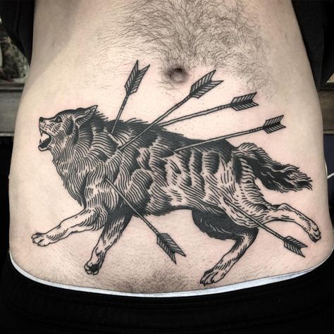 Wolf With Arrows Tattoo, Lower Belly Tattoo, Arrows Tattoo, Lower Belly Tattoos, Lower Stomach Tattoos, Belly Tattoos, Saved Tattoo, Small Girl Tattoos, Stomach Tattoos