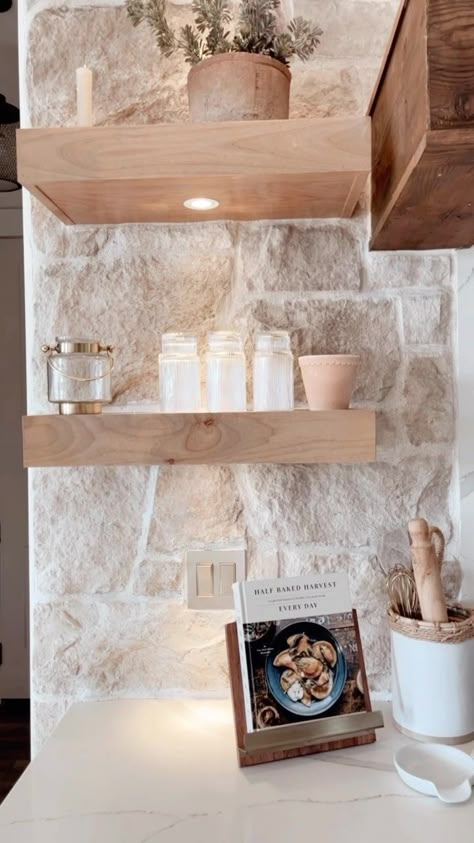 Shelby Masson | Home + Lifestyle Design | SAVE ✨ this post for stone details + kitchen inspiration! We get so many requests for our stone details we wanted to share them. Our... | Instagram White Rock Backsplash, Stone Backsplash Wet Bar, Sandstone Kitchen Backsplash, Blue Stone Backsplash, Stone Accent Walls Kitchen, Stone In The Kitchen, Whitewashed Brick Backsplash Kitchen, Austin Stone Backsplash Kitchen, Cobblestone Kitchen Backsplash