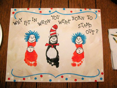 Dr. Suess footprint crafts for kids - cat in the hat & thing 1 and thing 2 Footprint Crafts For Kids, Dr Suess Week, Dr Seuss Characters, Dr Seuss Art, Infant Crafts, Baby Footprint Art, Infant Art, Dr Seuss Crafts, Dr Seuss Activities