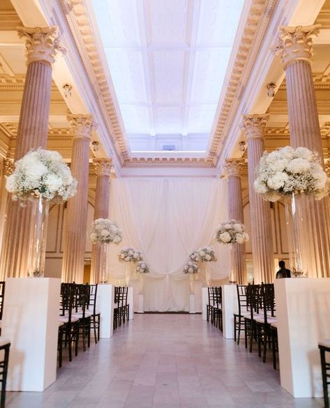 Treasury on the Plaza | Wedding Venue on Instagram: "Modern, glam wedding ceremony vibes. Are you a fan of monochromatic white florals? ⁠ ⁠ Lauren + Ellis, 10.10.22⁠ @notesfromlo ⁠ ⁠ VENDORS⁠ Venue: @treasuryontheplaza⁠ Planner: @CoastalCelebrationsstaug⁠ Caterer: @moorefinefoods⁠ Florist: @epflorals⁠ Bakery: @sweetweddingscakedesigns⁠ Photo & Video:@ralphraphaelweddings ⁠ Rentals: @stjohnsilluminations⁠ Makeup: @b.nicolebeautyco⁠ ⁠ #foreverhandy #whitewedding #classicwedding #blackandwhiteweddi Glam Wedding Ceremony, The Plaza Wedding, Treasury On The Plaza, Modern Glam Wedding, Plaza Wedding, White Florals, Modern Glam, Glam Wedding, The Plaza